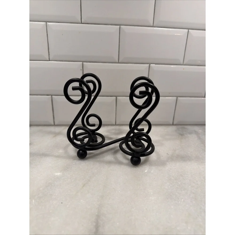 Vintage Wrought Iron Napkin Holder Scrolls Ball Feet Black 5 1/2